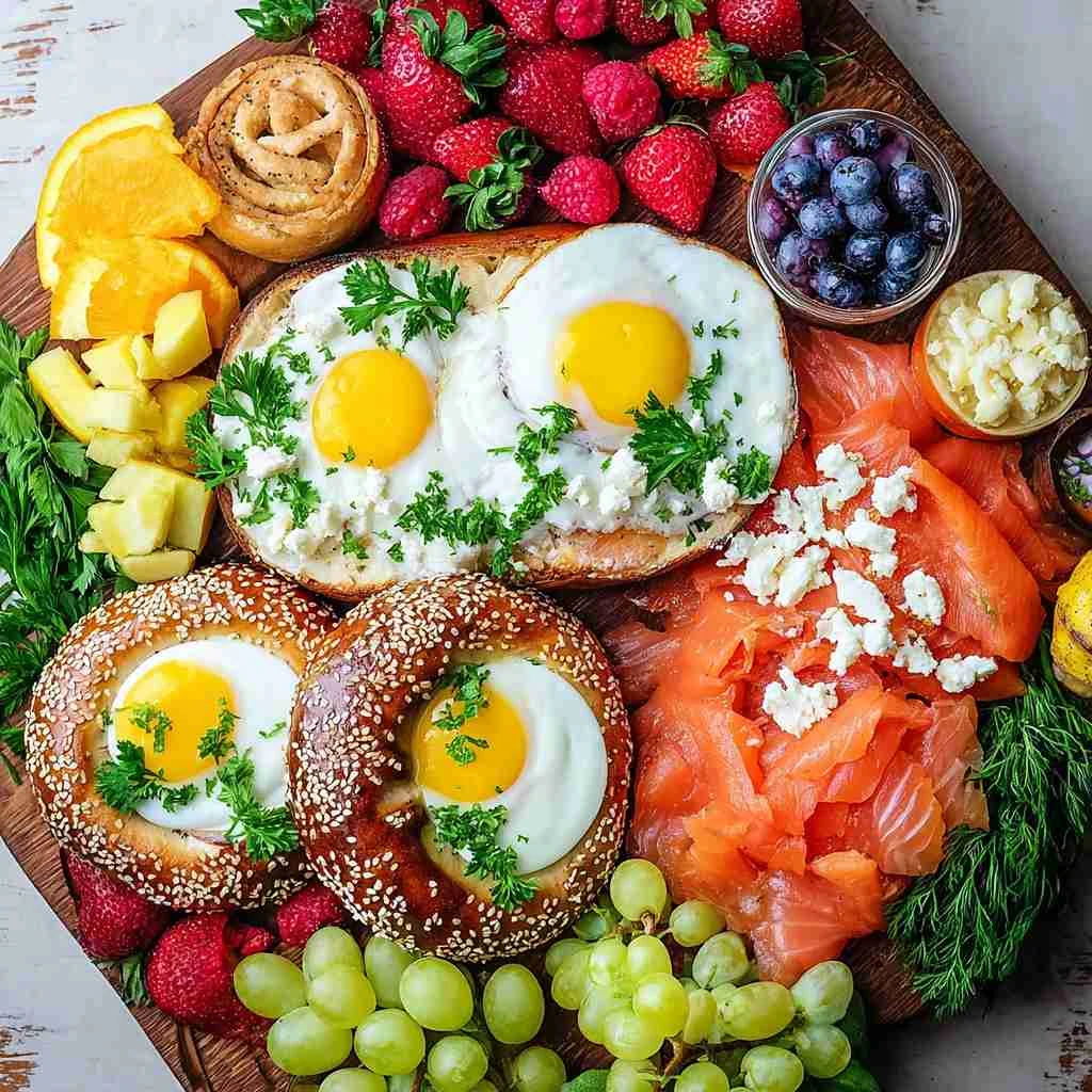 Ultimate Bagel Bar Brunch with Eggs, Salmon & Fresh Fruit