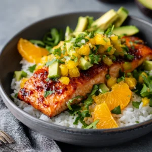 Air fryer salmon bowl with avocado orange salsa