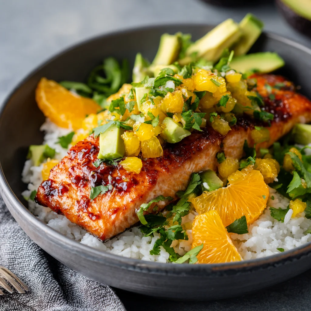Air Fryer Salmon Bowl with Avocado Orange Salsa