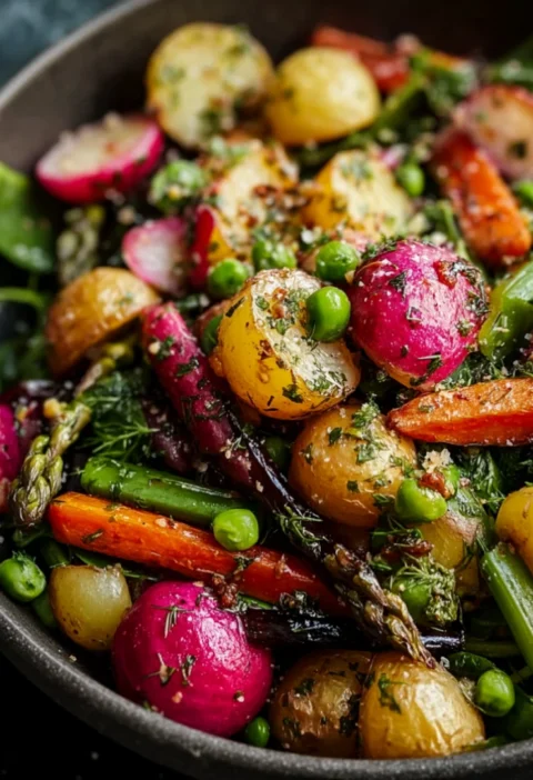 Spring Salad with Roasted Veggies and Zesty Mustard Vinaigrette