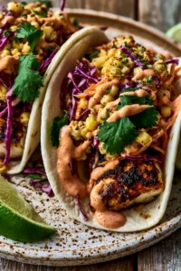 Best Ever Fish Tacos Made with Seasoned Cod, Corn Slaw & Creamy Sauce