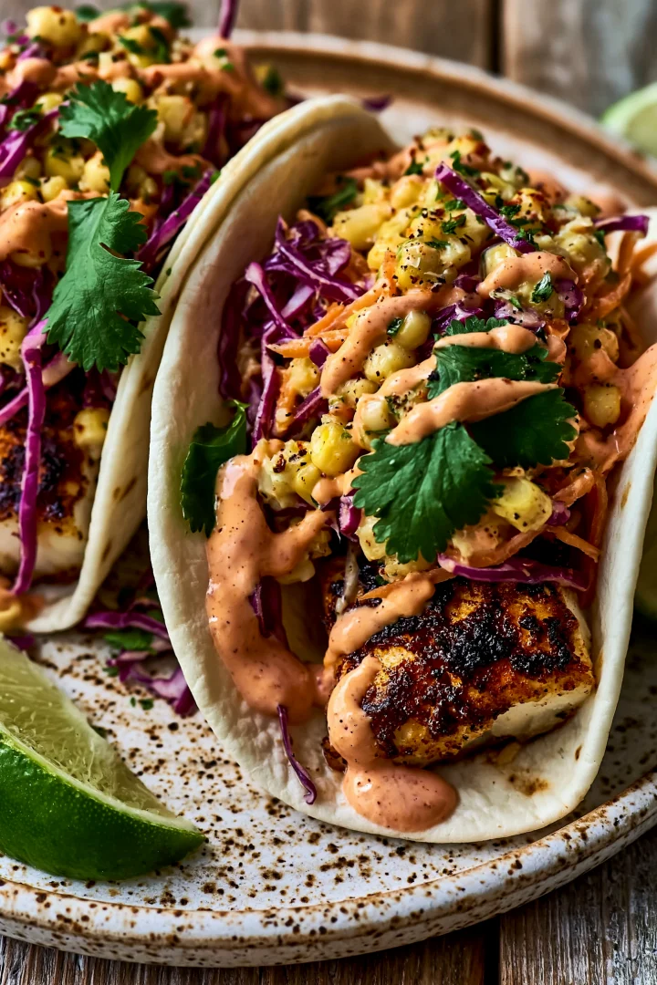 Best Ever Fish Tacos Made with Seasoned Cod, Corn Slaw & Creamy Sauce