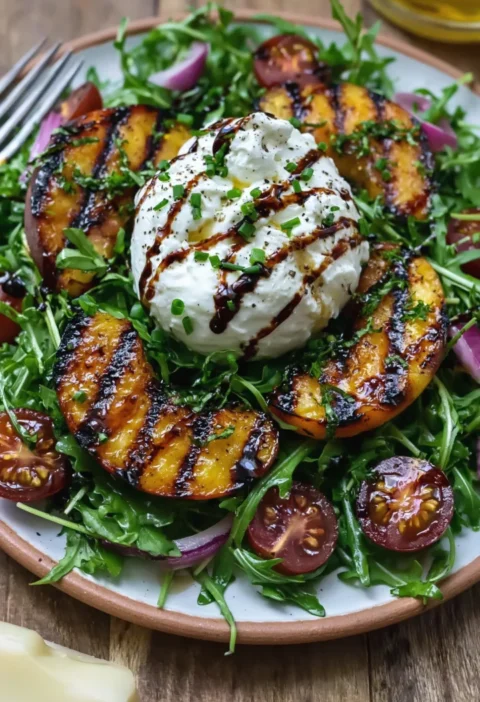 Creamy Grilled Peach & Burrata Salad with Honey Balsamic