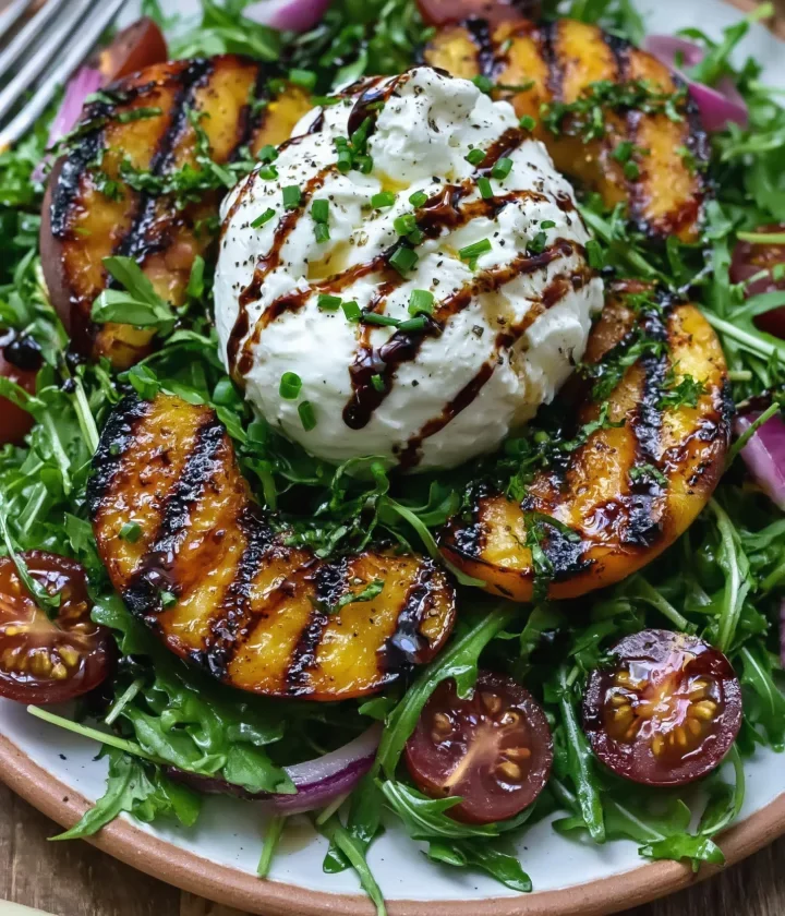 Creamy Grilled Peach & Burrata Salad with Honey Balsamic