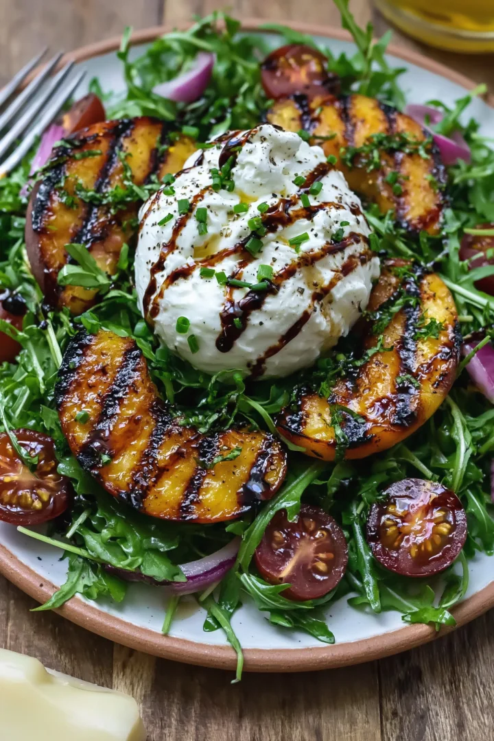 Creamy Grilled Peach & Burrata Salad with Honey Balsamic