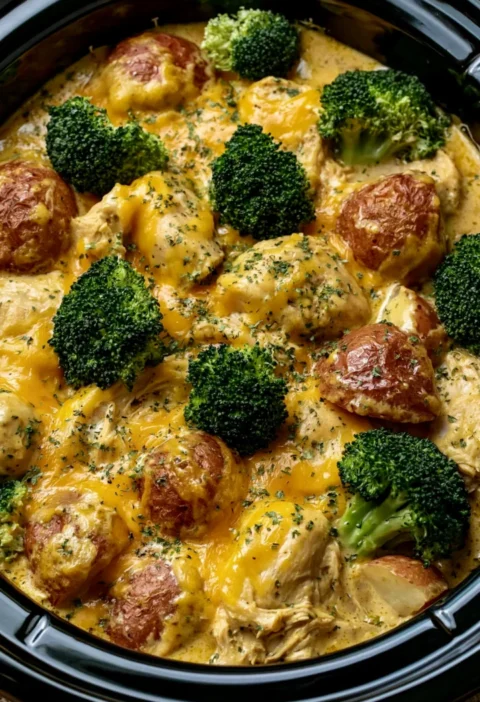Crockpot Cheddar Broccoli Chicken and Potatoes