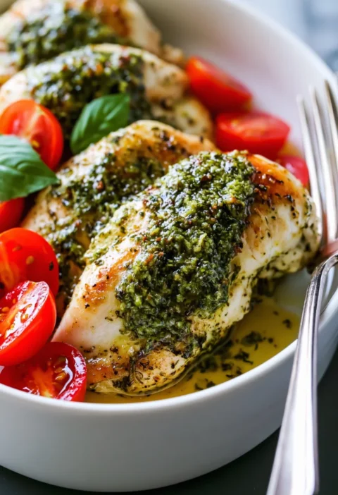 High Protein Crockpot Pesto Chicken