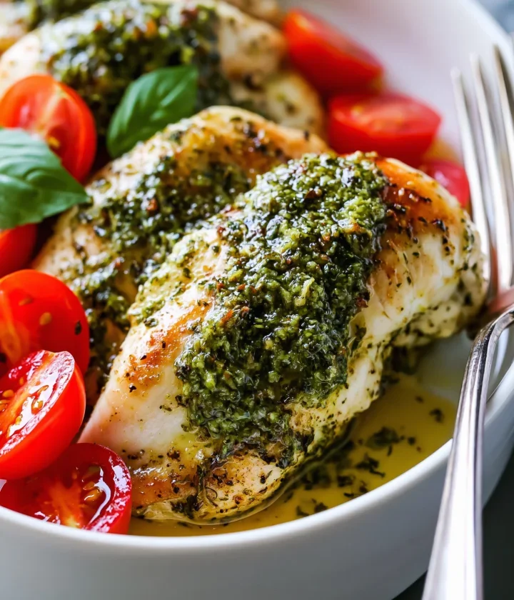 High Protein Crockpot Pesto Chicken