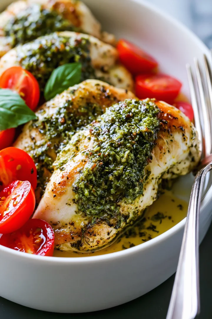 High Protein Crockpot Pesto Chicken
