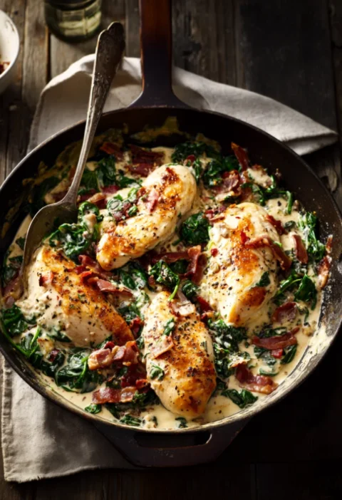 One Skillet Chicken with Cream Cheese and Turkey Bacon