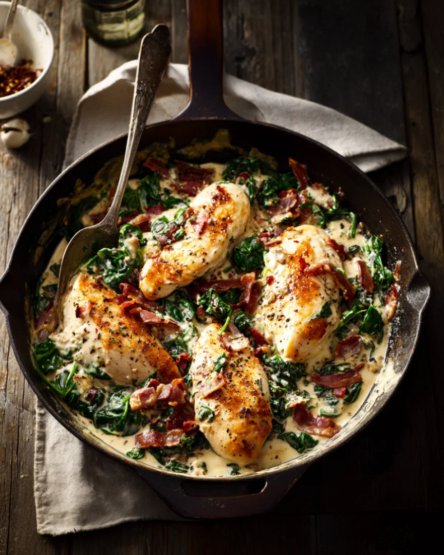 One Skillet Chicken with Cream Cheese and Turkey Bacon