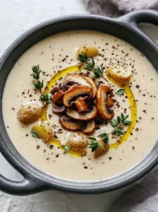 Savor Roasted Garlic & Creamy Potato Soup with Seared Mushrooms