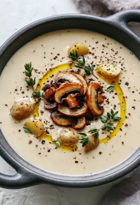 Savor Roasted Garlic & Creamy Potato Soup with Seared Mushrooms
