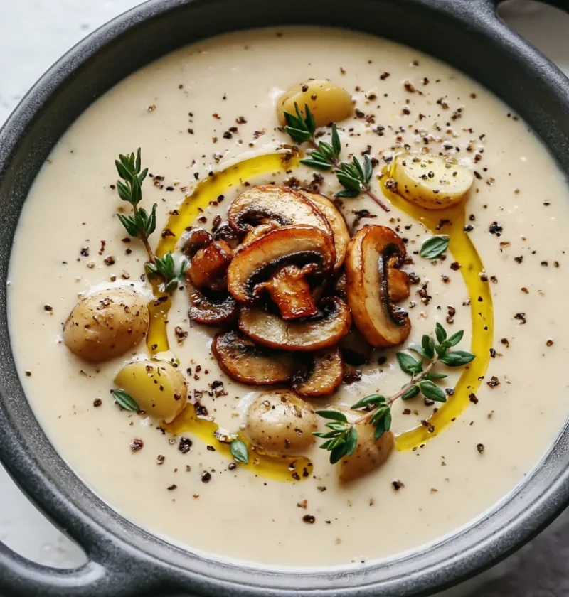 Savor Roasted Garlic & Creamy Potato Soup with Seared Mushrooms