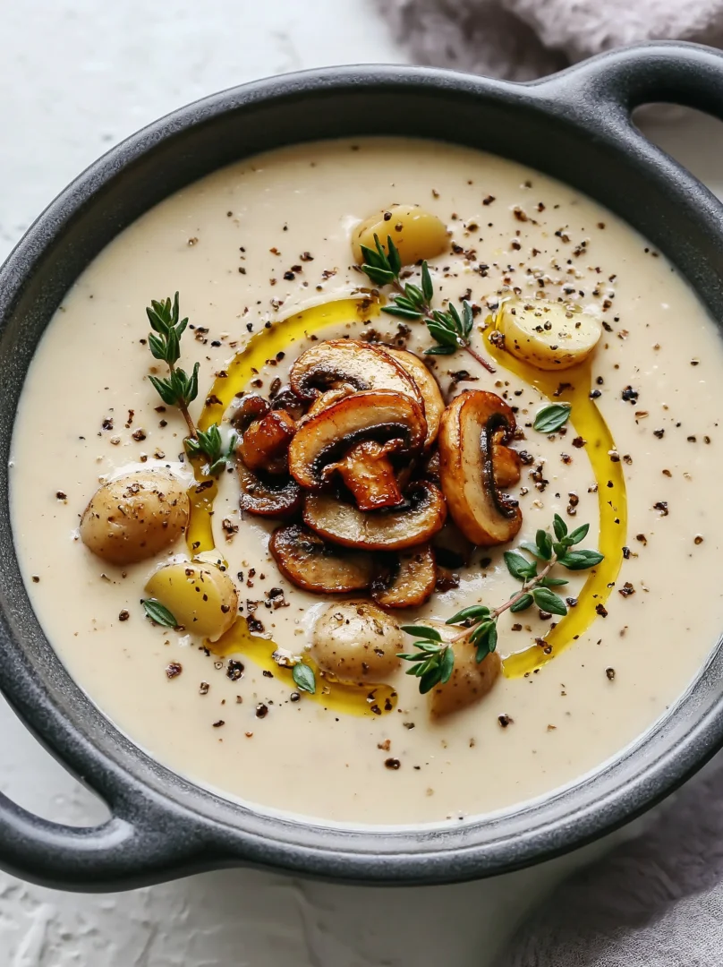 Savor Roasted Garlic & Creamy Potato Soup with Seared Mushrooms