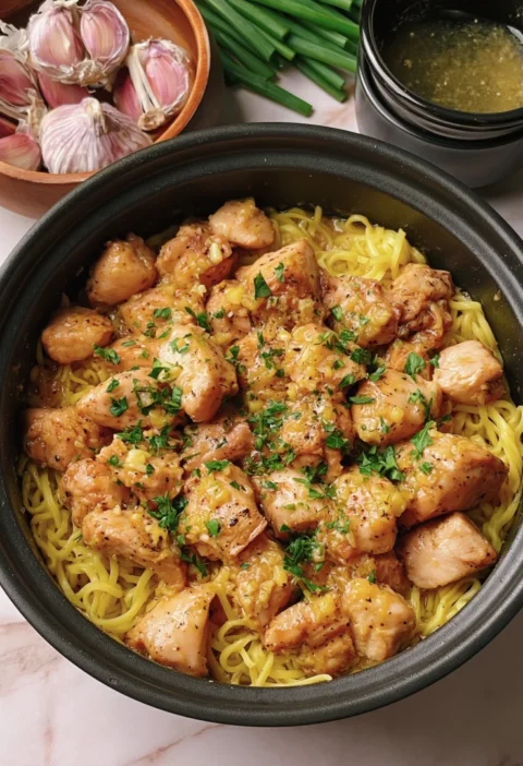 Slow Cooker Amish Garlic Butter Chicken Noodles
