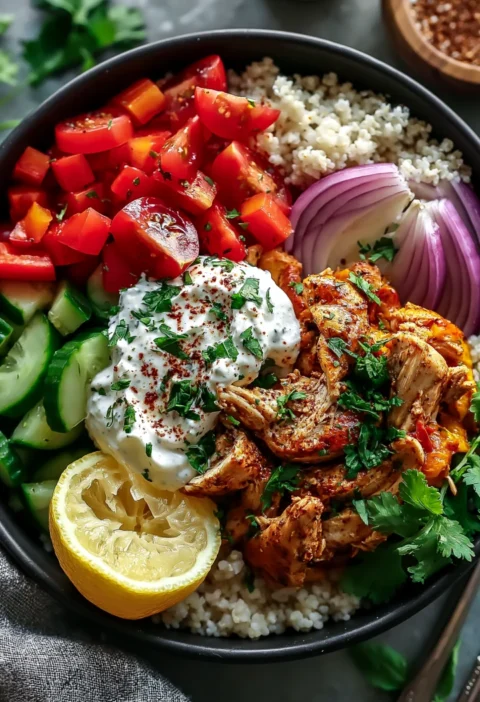 high protein crockpot chicken shawarma bowl