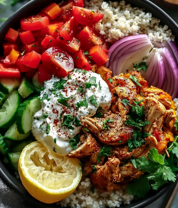 high protein crockpot chicken shawarma bowl