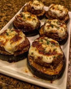 Cheesy Garlic Steak Medallions on Roasted Eggplant