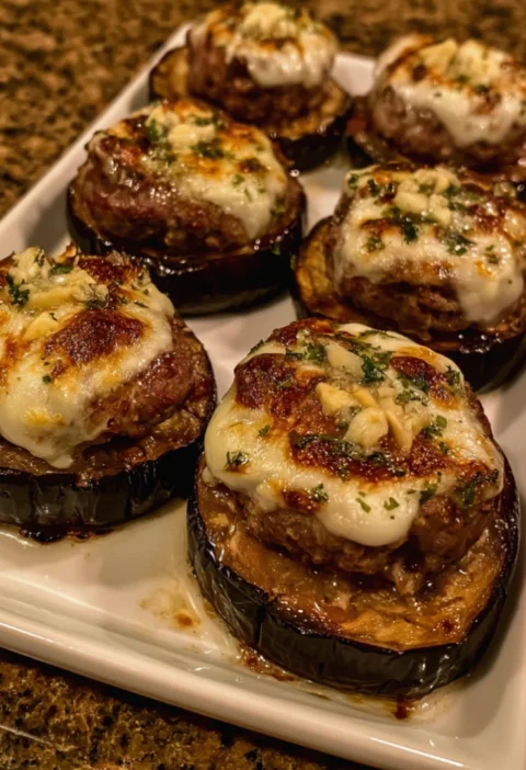 Cheesy Garlic Steak Medallions on Roasted Eggplant
