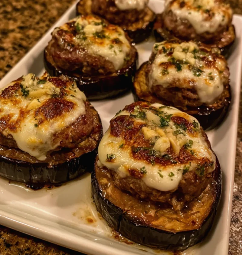 Cheesy Garlic Steak Medallions on Roasted Eggplant