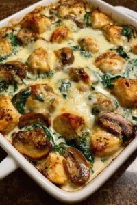 Cheesy Spinach & Mushroom Chicken Bake