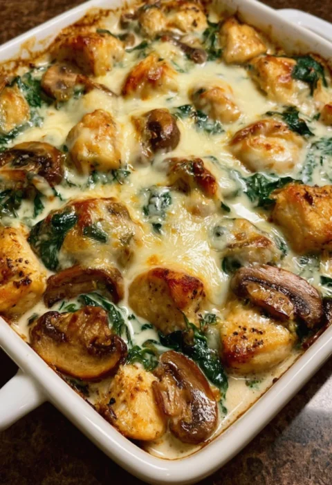 Cheesy Spinach & Mushroom Chicken Bake