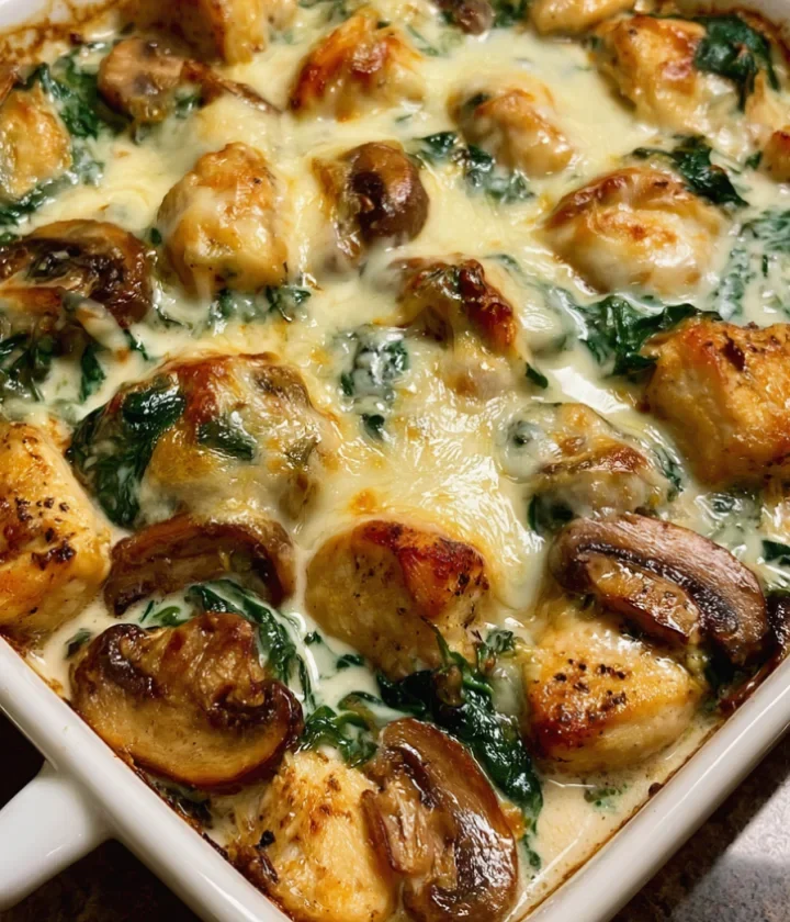 Cheesy Spinach & Mushroom Chicken Bake