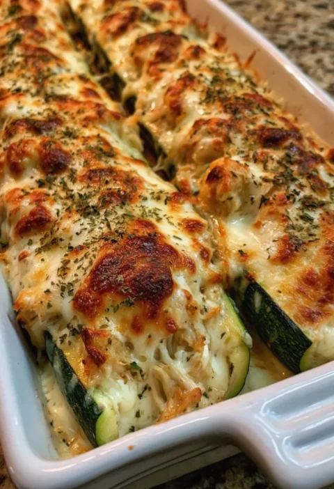 Creamy Chicken Alfredo Stuffed Zucchini Boats