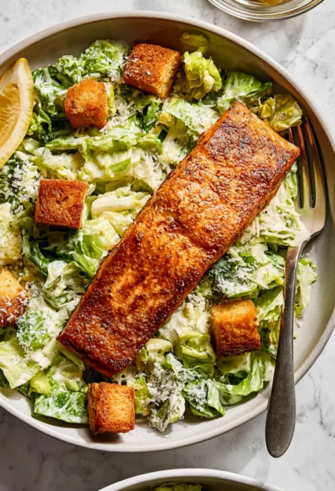 Salmon Caesar Salad with High Protein Dressing