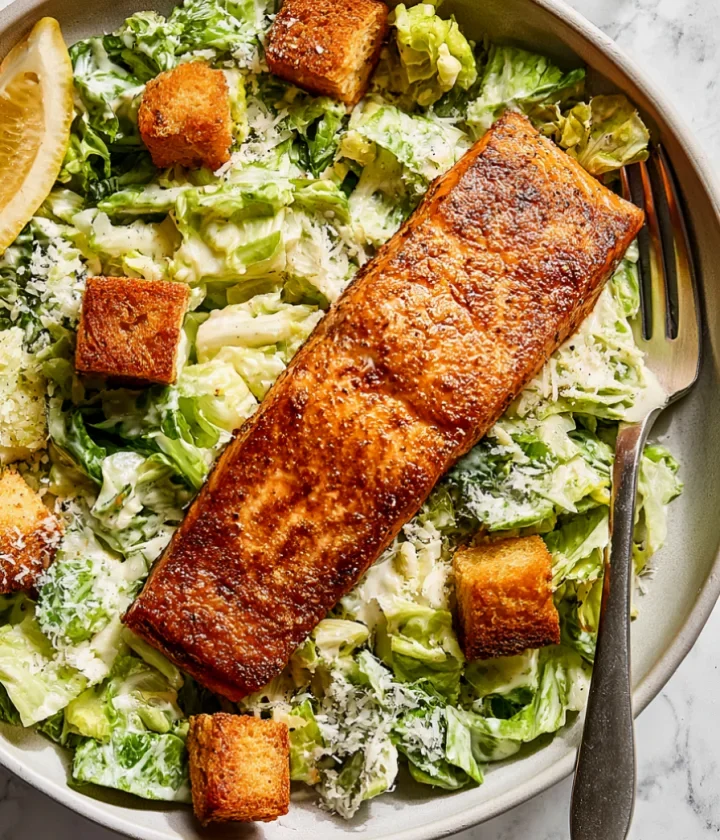 Salmon Caesar Salad with High Protein Dressing