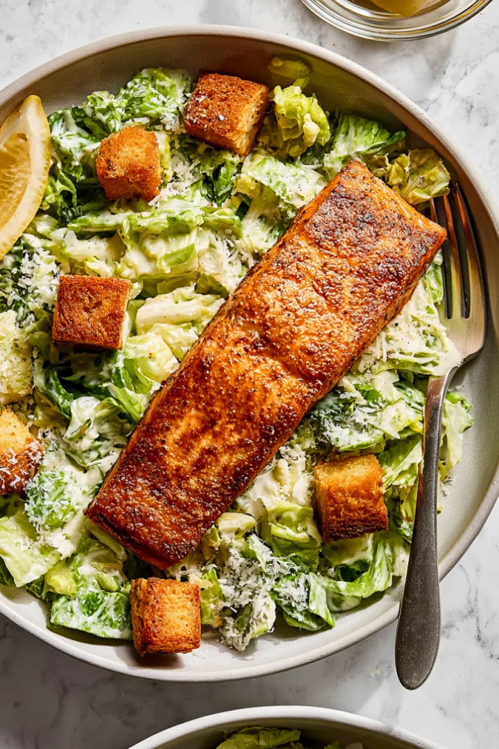 Salmon Caesar Salad with High Protein Dressing